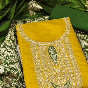 Stylish Mustad Floral Cording Embroidered Silk Blend Dress Material Accented With Sequins Work