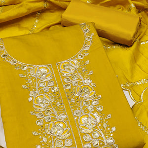 Classic Mustard Floral Cording Embroidered Silk Blend Dress Material With Glittering Sequins Work