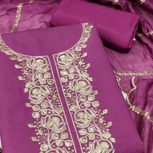 Classic Purple Floral Cording Embroidered Silk Blend Dress Material With Glittering Sequins Work