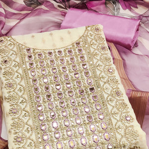 Cream & Lavender Shimmer Dress Material Featuring Butti Weaving With Sequins Cording Embroidery