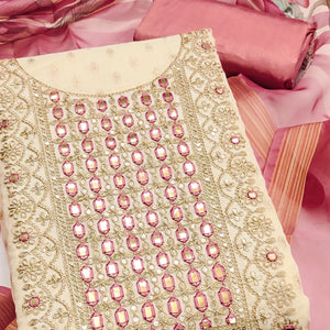 Cream & Peach Shimmer Dress Material Featuring Butti Weaving With Sequins Cording Embroidery
