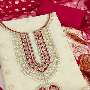 Graceful Cream & Red Butti Weaving Shimmer Dress Material Adorned With Cording Embroidery Work