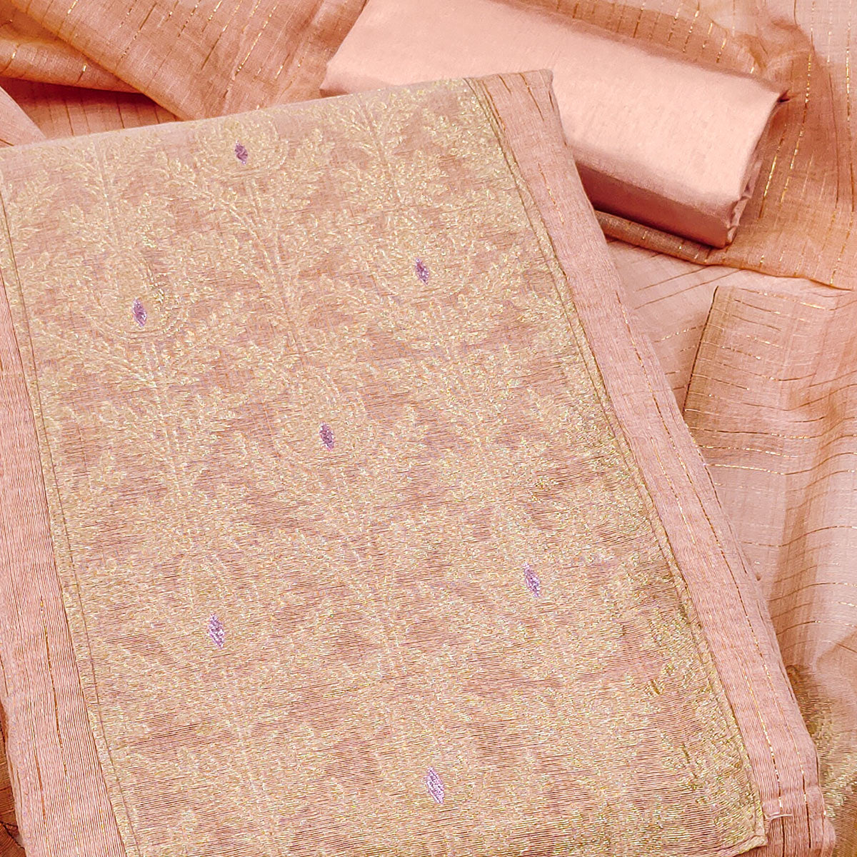 Premium Peach Floral Weaving Crafted Cotton Silk Jacquard Dress Material