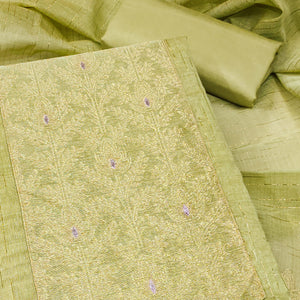 Premium Pista Green Floral Weaving Crafted Cotton Silk Jacquard Dress Material