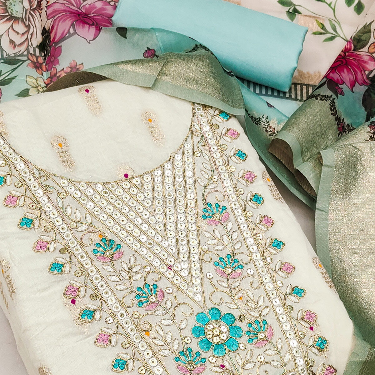 Offwhite & Blue Floral Woven With Sequins Cording Embroidery Meenakari Jacquard Dress Material