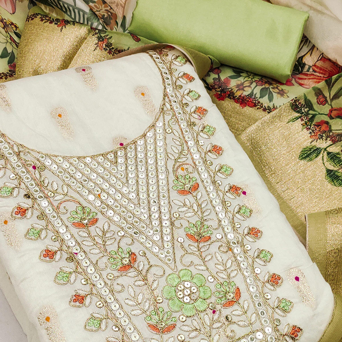 Offwhite & Green Floral Woven With Sequins Cording Embroidery Meenakari Jacquard Dress Material