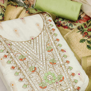 Offwhite & Green Floral Woven With Sequins Cording Embroidery Meenakari Jacquard Dress Material