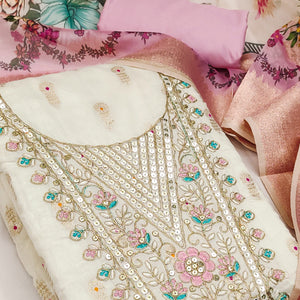 Offwhite & Pink Floral Woven With Sequins Cording Embroidery Meenakari Jacquard Dress Material