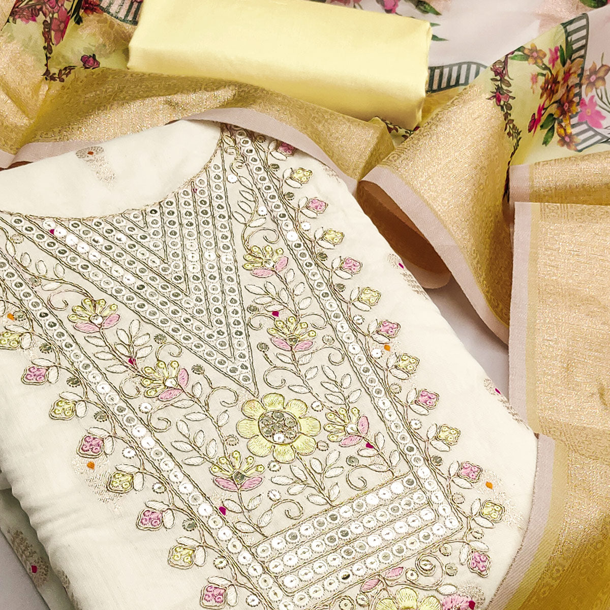 Offwhite & Yellow Floral Woven With Sequins Cording Embroidery Meenakari Jacquard Dress Material