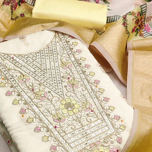 Offwhite & Yellow Floral Woven With Sequins Cording Embroidery Meenakari Jacquard Dress Material