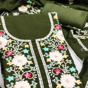 Stylish Mehendi Green Floral Thread & Sequins Detailed Embroidery Vichitra Silk Dress Material