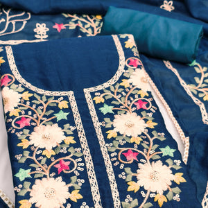 Stylish Morpich Blue Floral Thread & Sequins Detailed Embroidery Vichitra Silk Dress Material