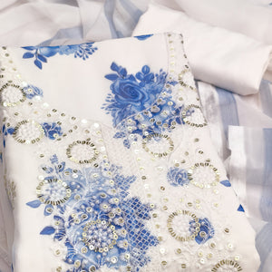 White & Blue Floral Sequins Embroidered Georgette Dress Material With Artistic Digital Prints
