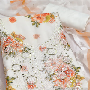 White & Orange Floral Sequins Embroidered Georgette Dress Material With Artistic Digital Prints