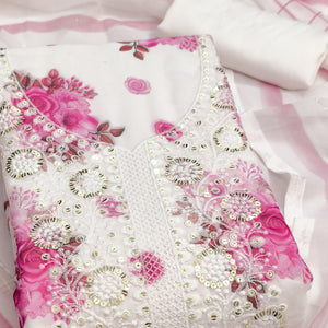 White & Pink Floral Sequins Embroidered Georgette Dress Material With Artistic Digital Prints