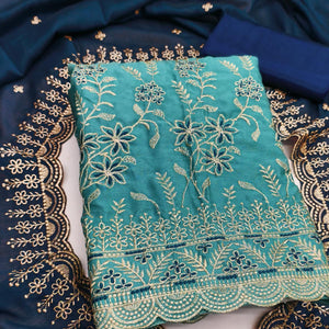 Graceful Blue Vichitra Silk Dress Material Adorned With Intricate Floral Thread Embroidery