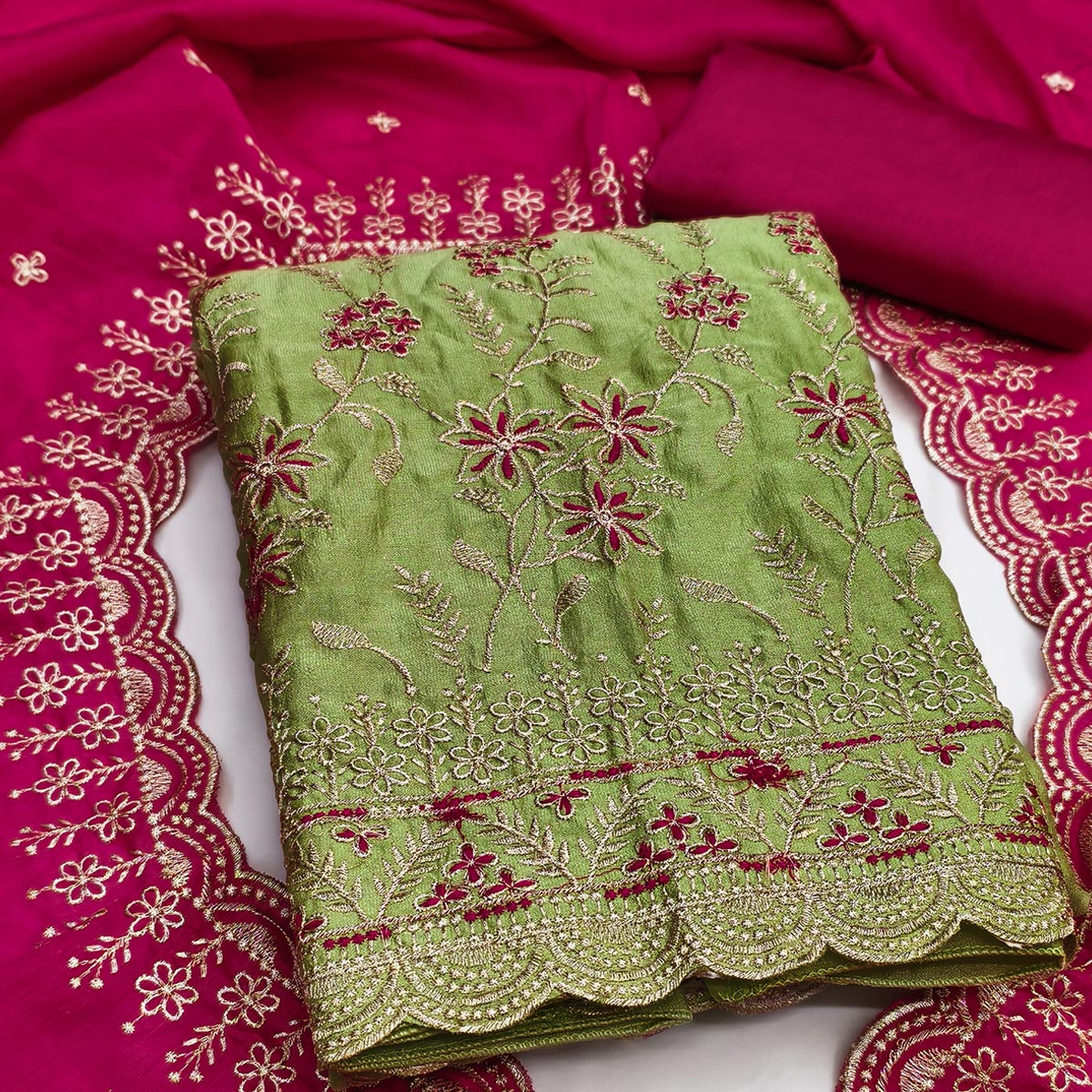Graceful Green Vichitra Silk Dress Material Adorned With Intricate Floral Thread Embroidery