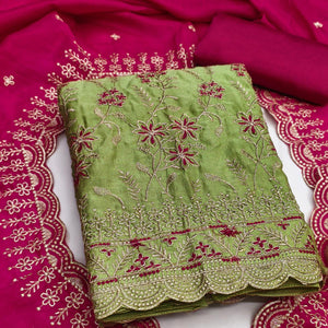Graceful Green Vichitra Silk Dress Material Adorned With Intricate Floral Thread Embroidery