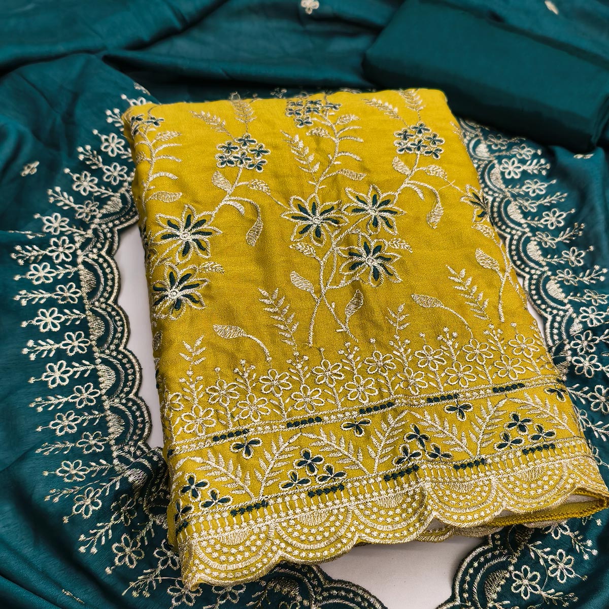 Graceful Mustard Vichitra Silk Dress Material Adorned With Intricate Floral Thread Embroidery