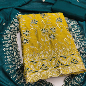 Graceful Mustard Vichitra Silk Dress Material Adorned With Intricate Floral Thread Embroidery