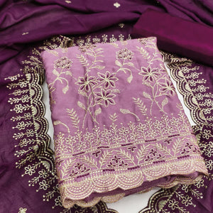 Graceful Purple Vichitra Silk Dress Material Adorned With Intricate Floral Thread Embroidery