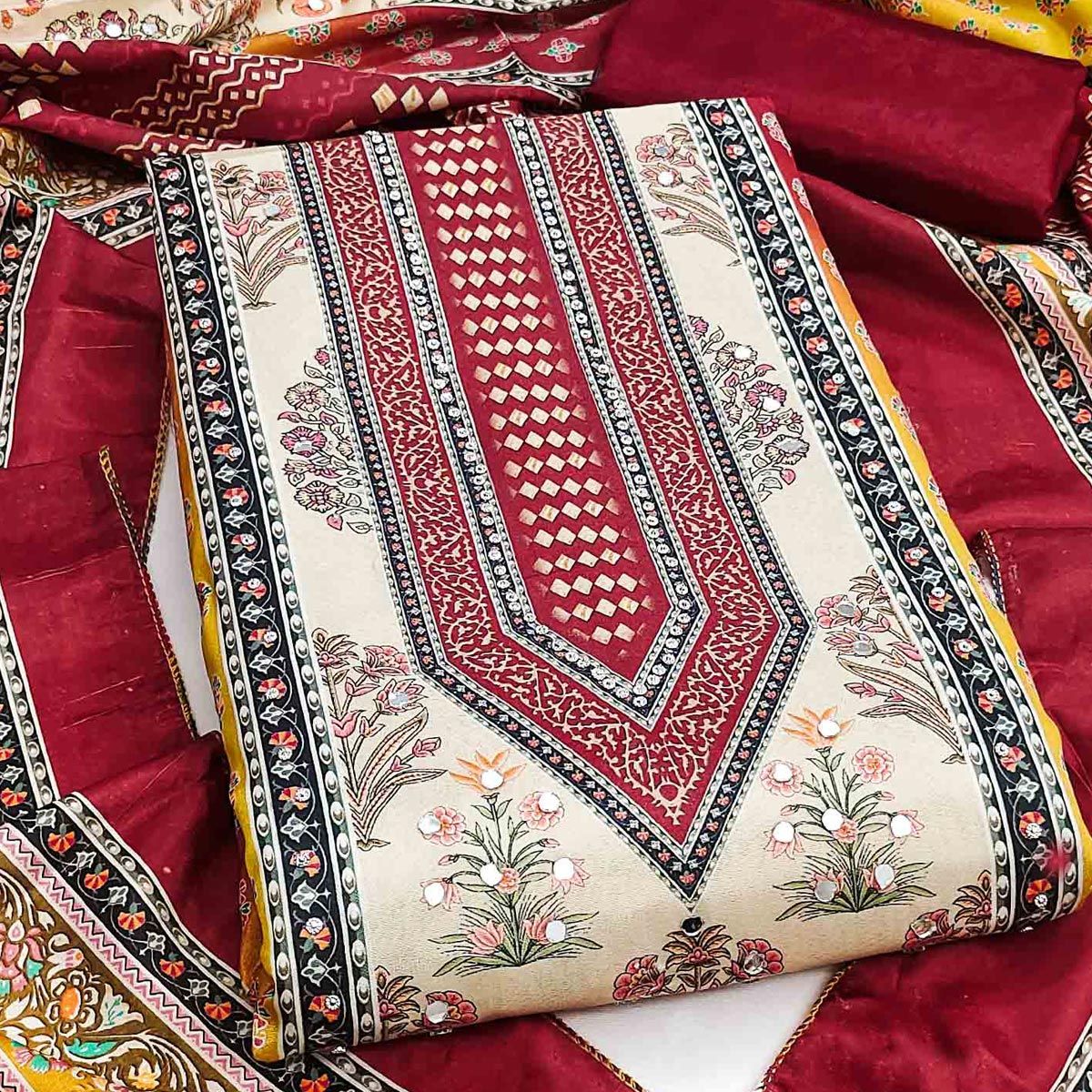 Elegant Maroon Floral Digital Printed Crepe Dress Material With Mirror Work