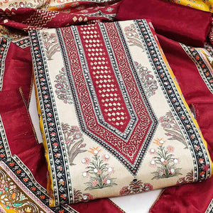 Elegant Maroon Floral Digital Printed Crepe Dress Material With Mirror Work