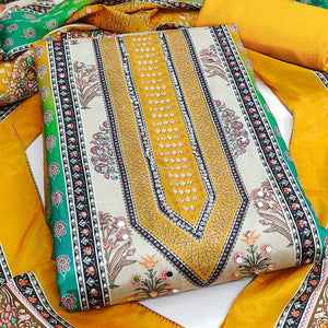 Elegant Mustard Floral Digital Printed Crepe Dress Material With Mirror Work