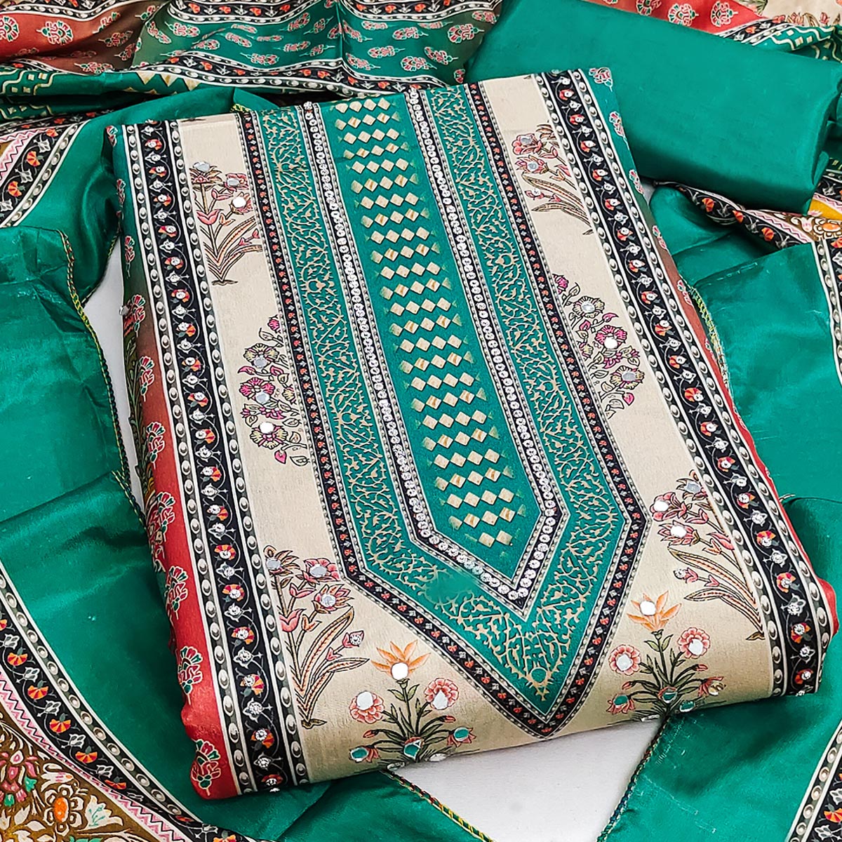 Elegant Rama Green Floral Digital Printed Crepe Dress Material With Mirror Work