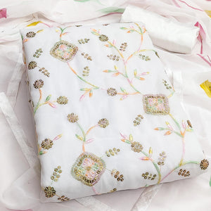 Premium White Floral Embroidery Georgette Dress Material Accented With Sequins Work