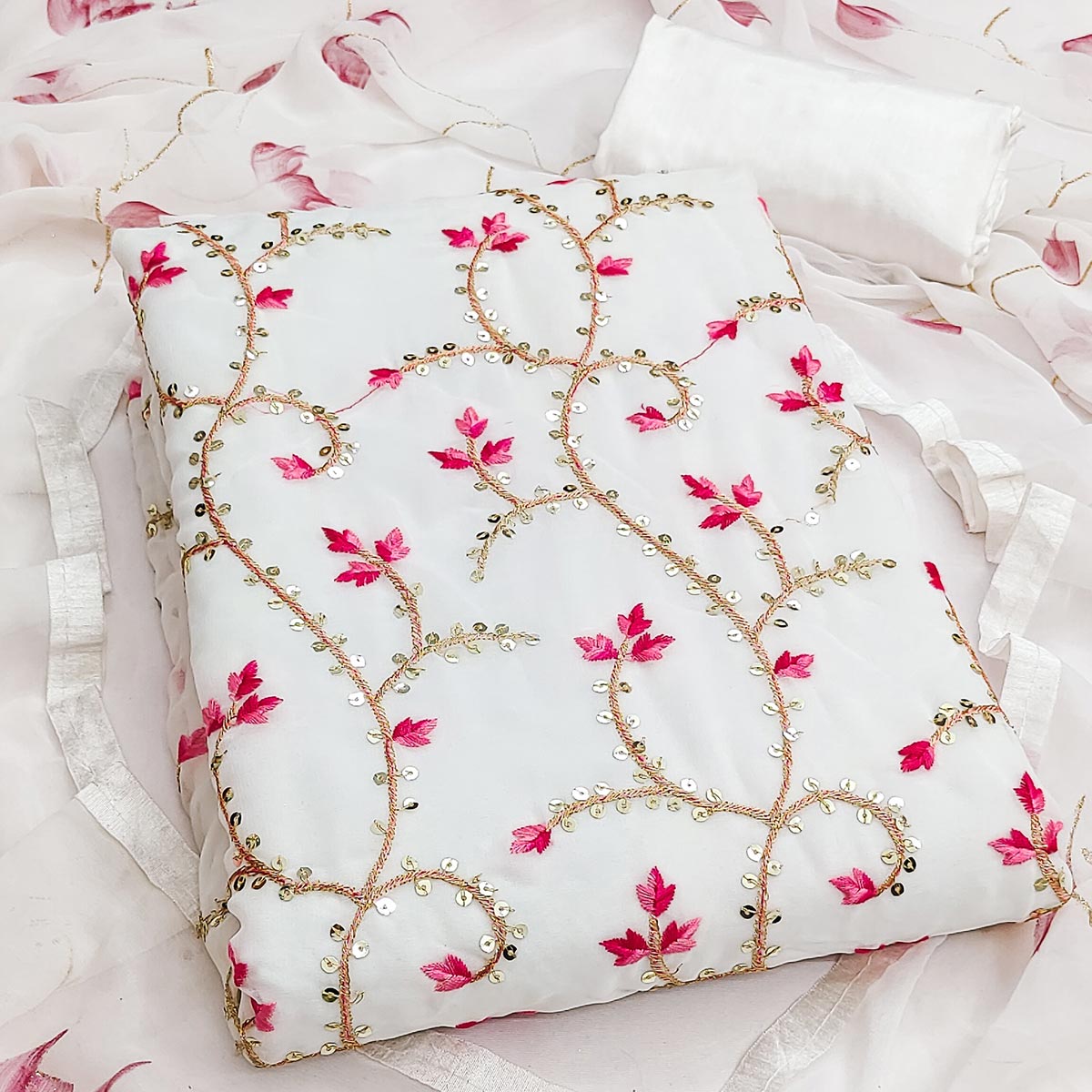 Classic White Georgette Dress Material With Floral Embroidery & Shimmering Sequins Work