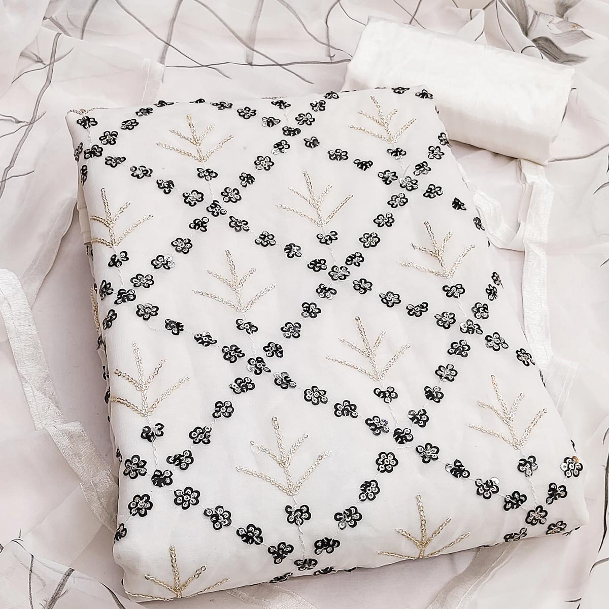 Graceful White Floral Embroidered Georgette Dress Material With Sequins Work