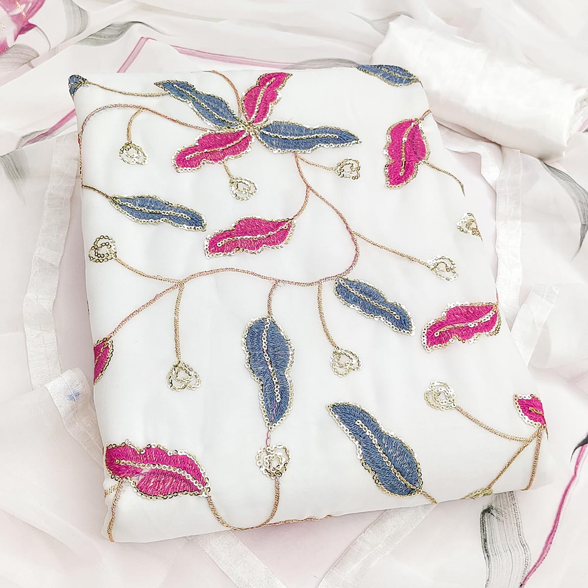 Charming White Floral Embroidery Georgette Dress Material With Sequins Work