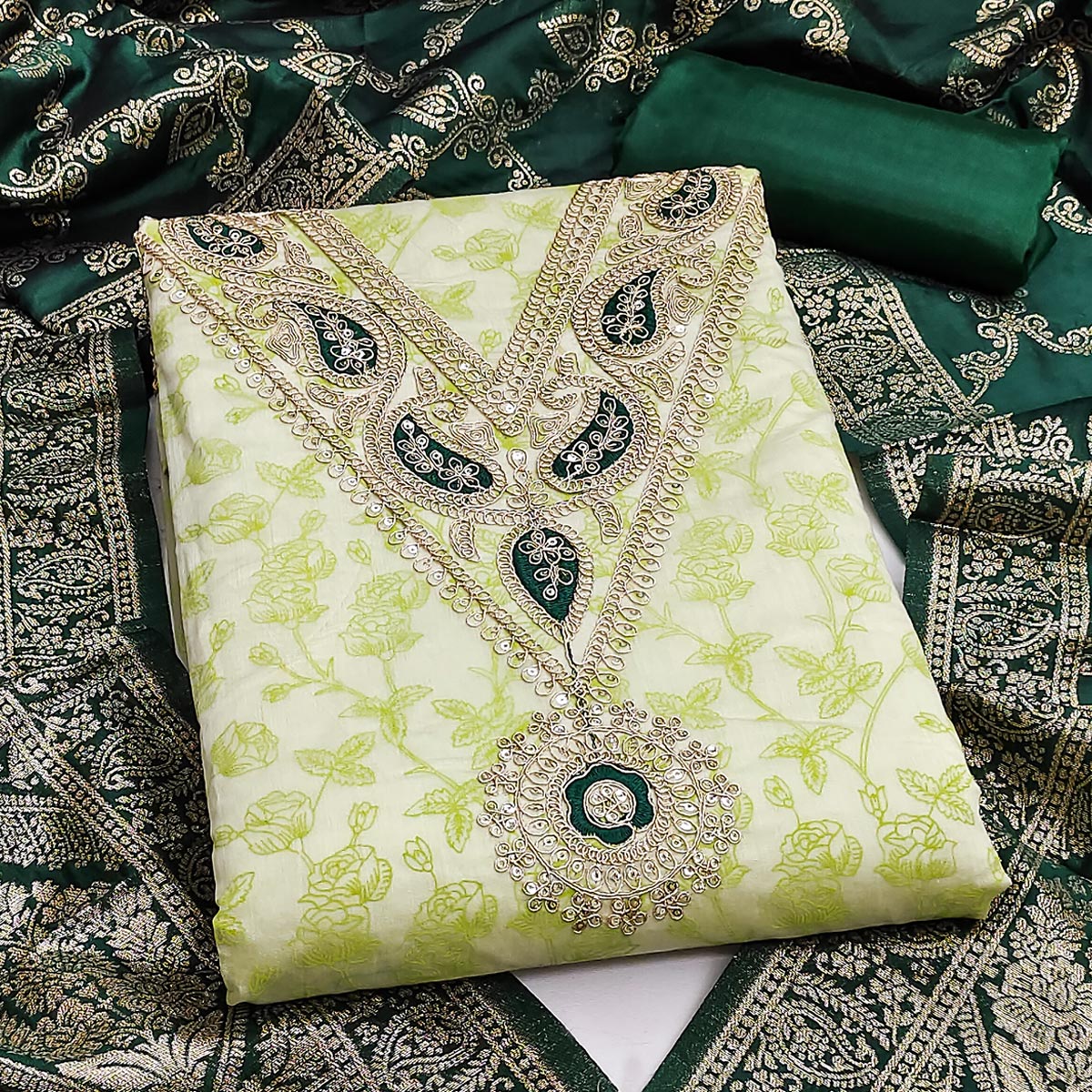 Classic Green Floral Printed Chanderi Silk Dress Material With Intricate Cording Embroidery