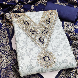 Classic Grey Floral Printed Chanderi Silk Dress Material With Intricate Cording Embroidery