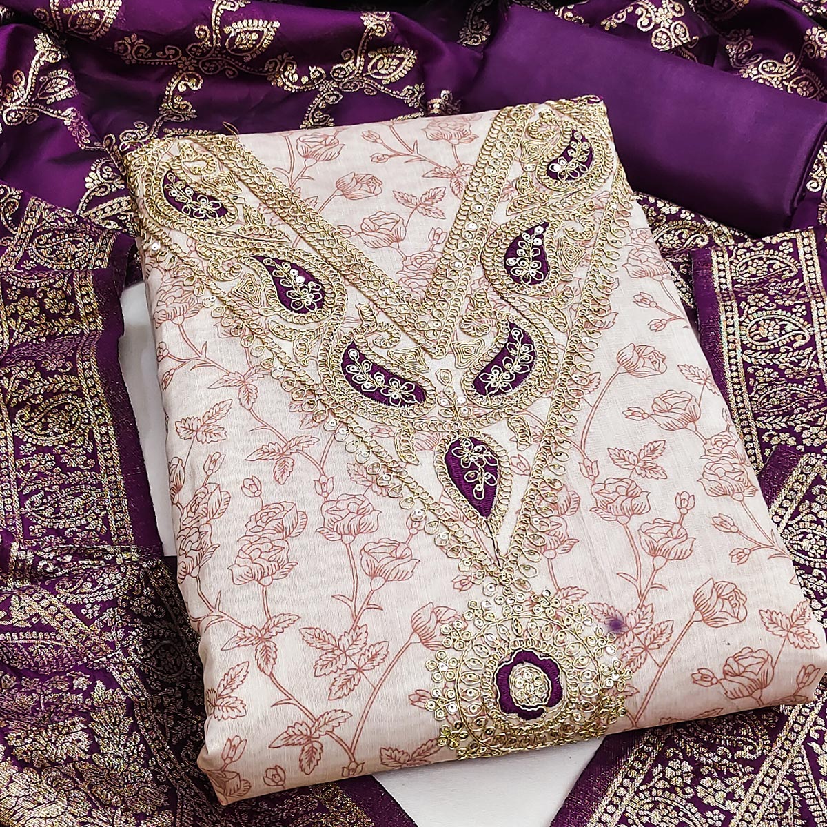 Classic Onion Pink Floral Printed Chanderi Silk Dress Material With Intricate Cording Embroidery