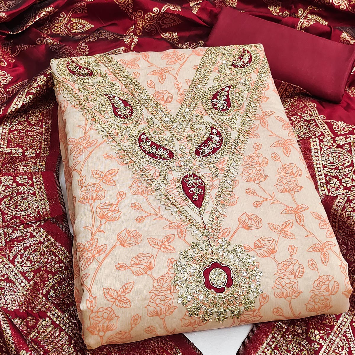 Classic Peach Floral Printed Chanderi Silk Dress Material With Intricate Cording Embroidery