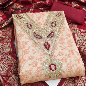 Classic Peach Floral Printed Chanderi Silk Dress Material With Intricate Cording Embroidery