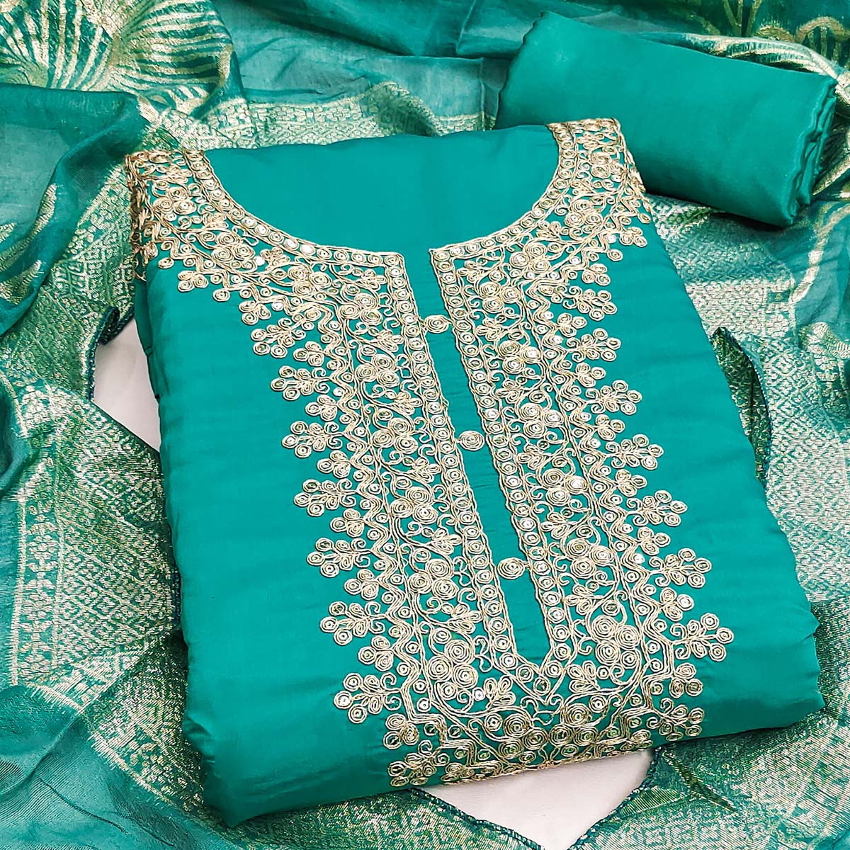 Vibrant Rama Blue Floral Cording Embroidery Silk Blend Dress Material Adorned With Sequins Work