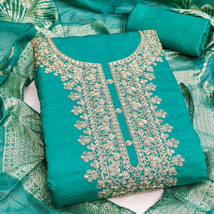 Vibrant Rama Blue Floral Cording Embroidery Silk Blend Dress Material Adorned With Sequins Work