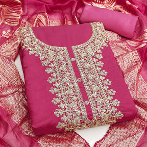 Vibrant Rani Pink Floral Cording Embroidery Silk Blend Dress Material Adorned With Sequins Work
