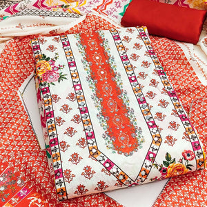 Orange Crepe Dress Material With Vibrant Floral Digital Print & Mirror Embellishment