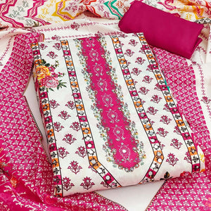 Rani Pink Crepe Dress Material With Vibrant Floral Digital Print & Mirror Embellishment