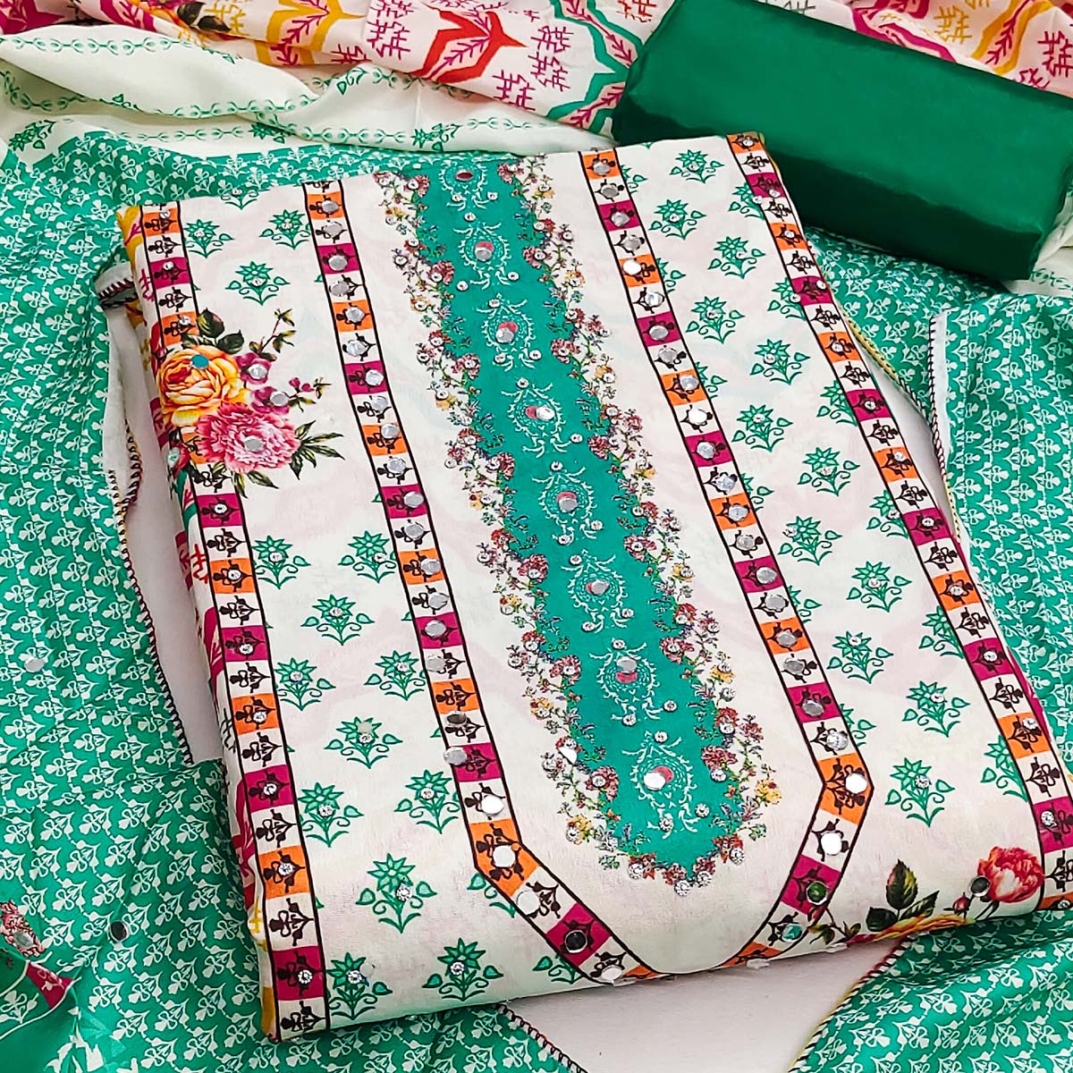 Turquoise Crepe Dress Material With Vibrant Floral Digital Print & Mirror Embellishment