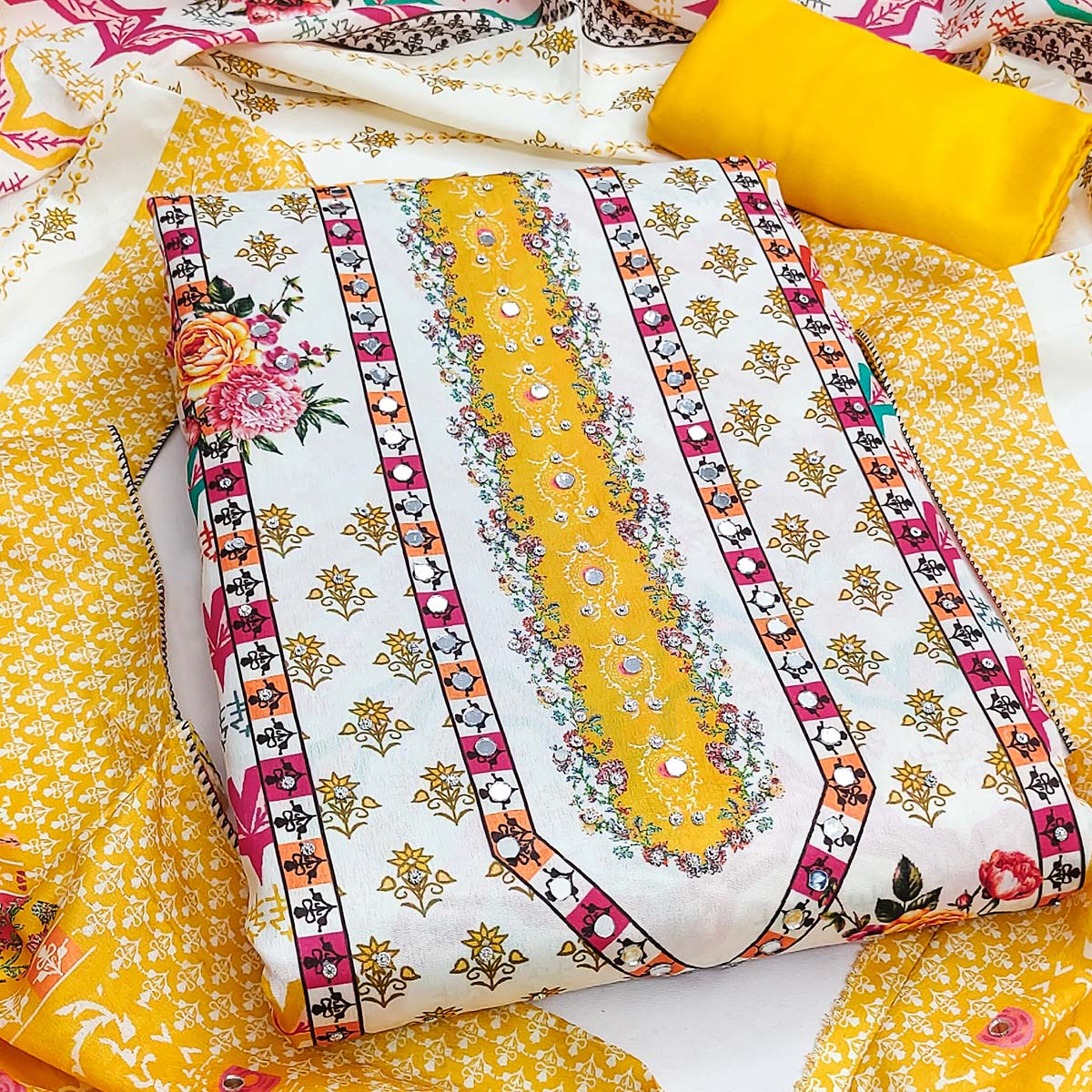 Yellow Crepe Dress Material With Vibrant Floral Digital Print & Mirror Embellishment