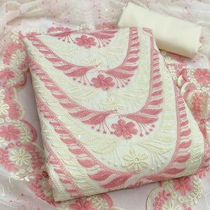 Cream & Pink Heavy Embroidered Georgette Dress Material Enhanced with Floral Resham Dupatta