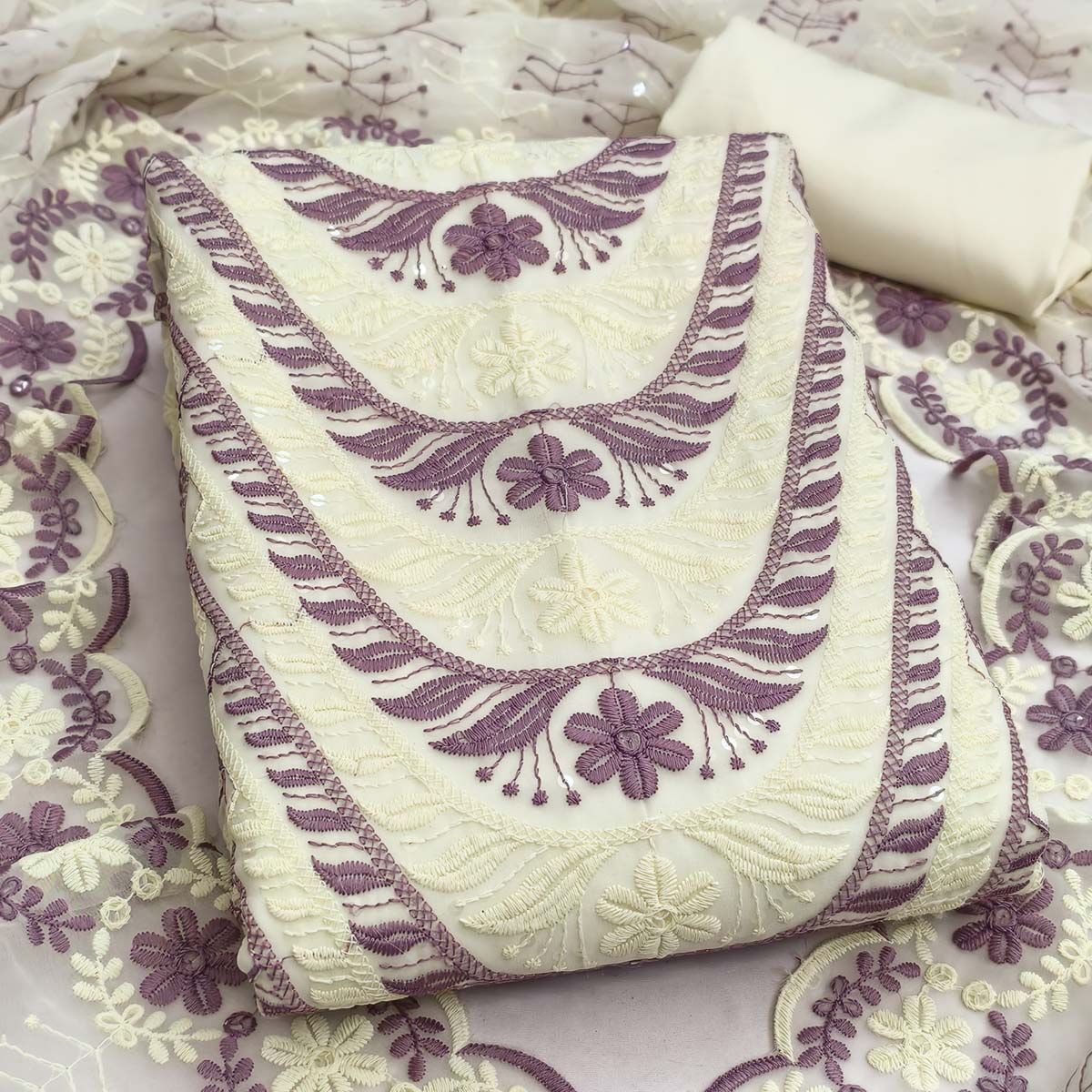 Cream & Purple Heavy Embroidered Georgette Dress Material Enhanced with Floral Resham Dupatta