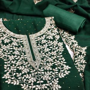 Green Floral Motif Vichitra Silk Dress Material Featuring Sequins Embroidery & Swarovski Work
