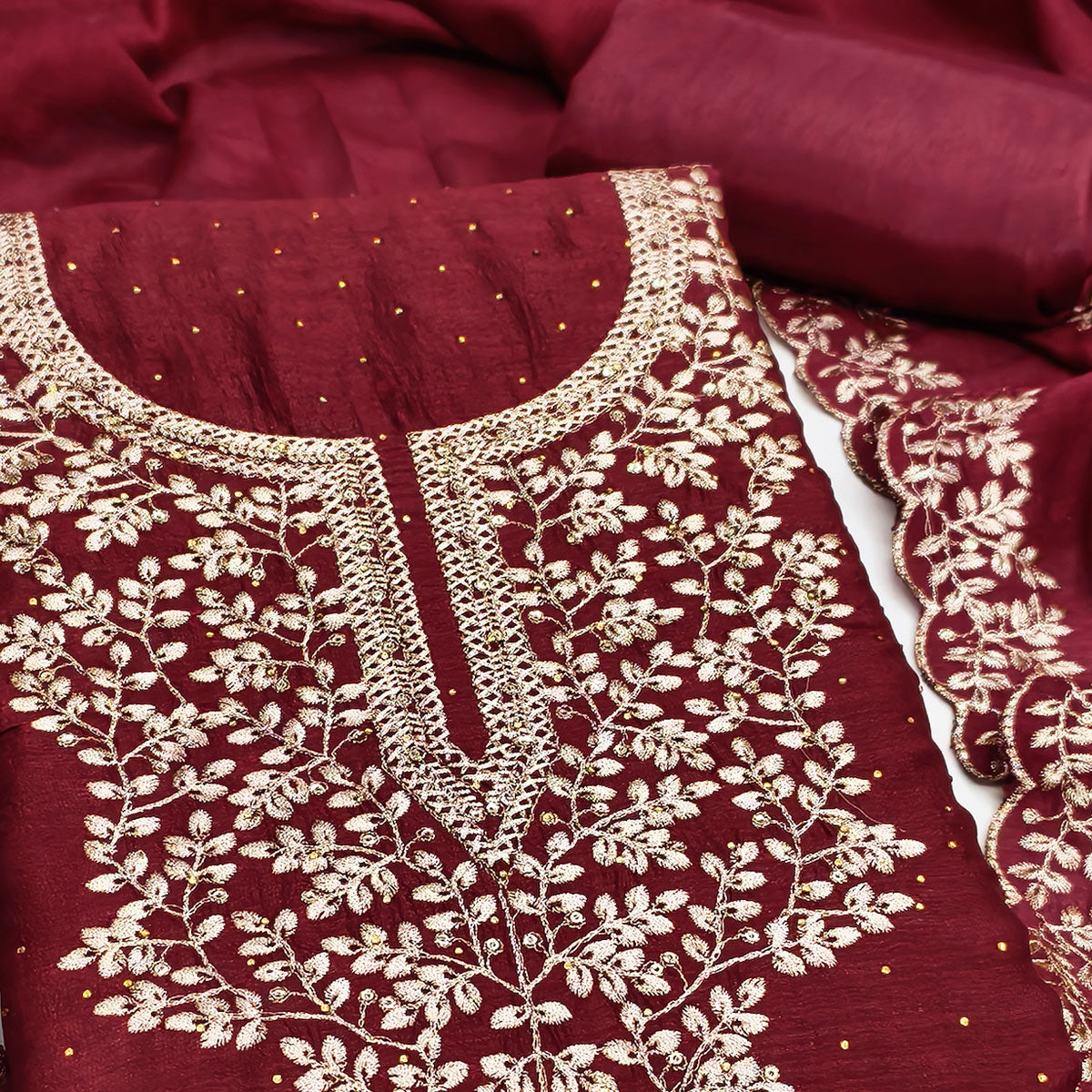 Maroon Floral Motif Vichitra Silk Dress Material Featuring Sequins Embroidery & Swarovski Work