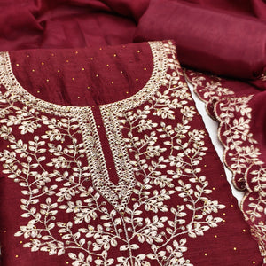 Maroon Floral Motif Vichitra Silk Dress Material Featuring Sequins Embroidery & Swarovski Work